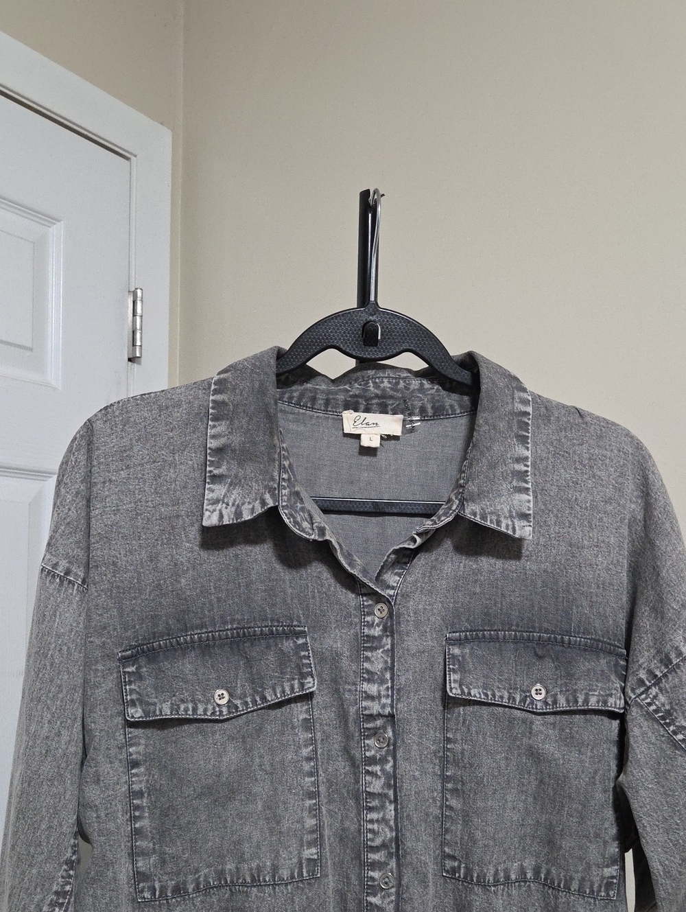 Elan 100% Cotton Chic Gray Denim Shirt Dress with Ruffle Hem - Picture 2 of 7